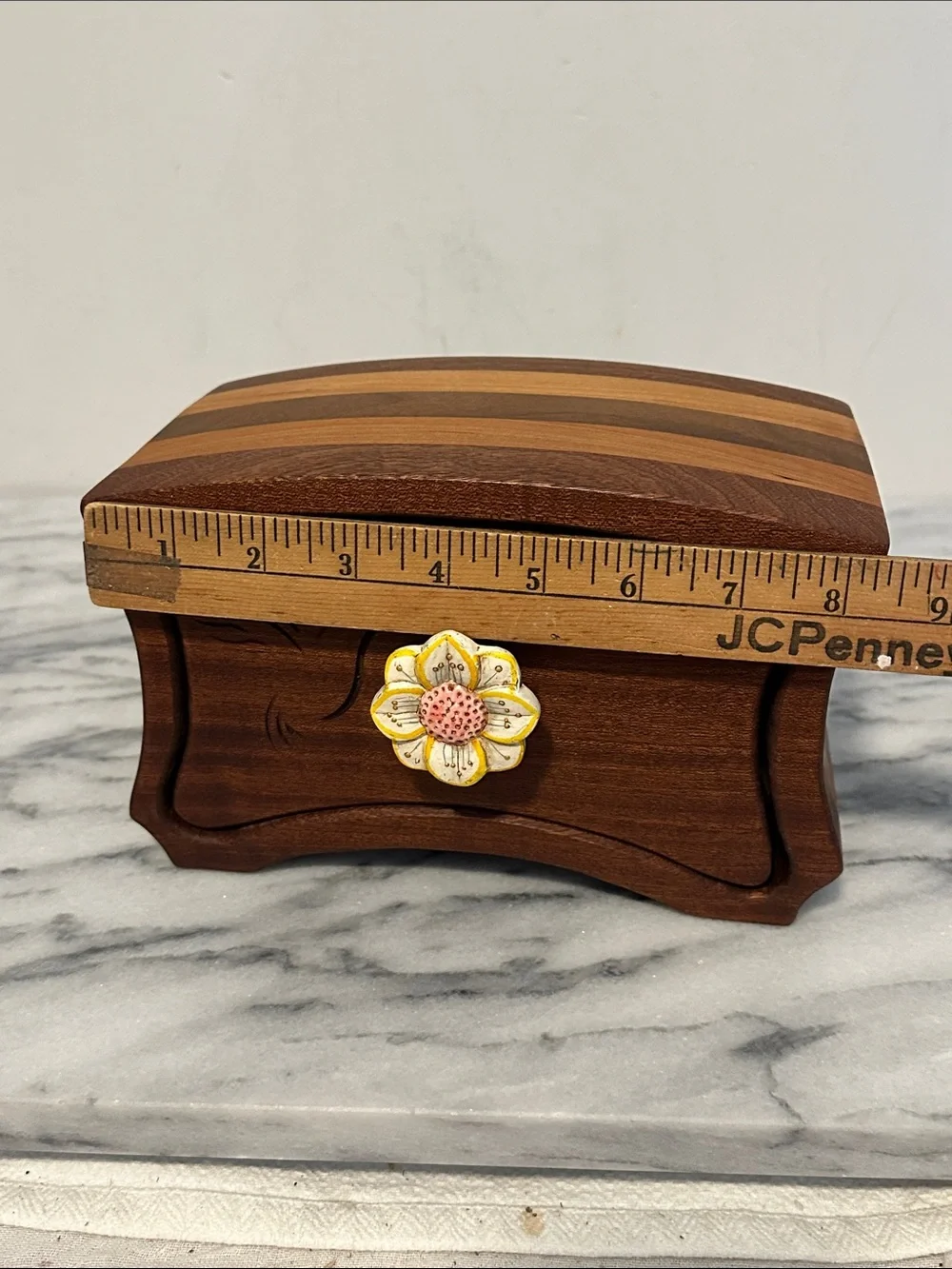 Hand made bandsaw Wooden Jewelry Box with Yellow Flower Knob